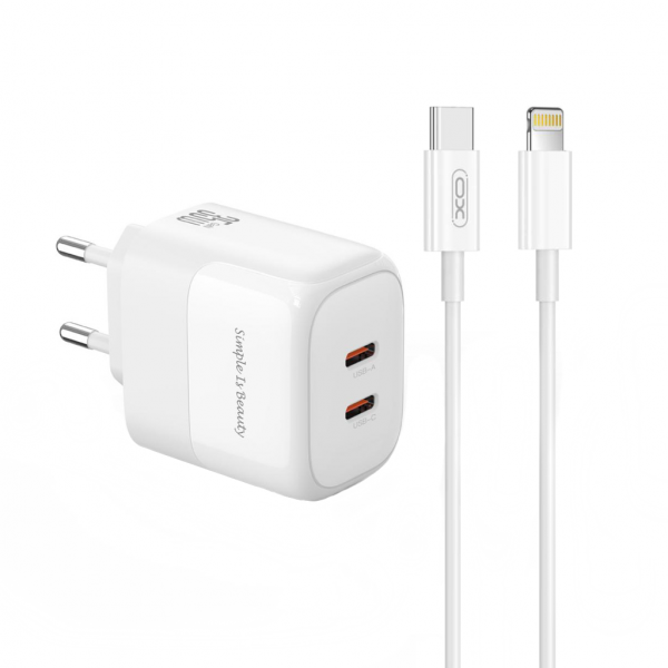 Incarcator Retea Cu Cablu Lightning XO Design L140, 35W, 3A, 2 x USB-C, Alb