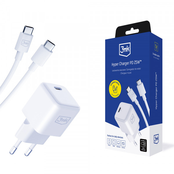Incarcator Retea Cu Cablu USB-C 3MK Hyper, 25W, 3A, 1 x USB-C, Alb