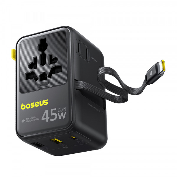 Incarcator Retea Cu Cablu USB-C Baseus Travel PicoGo AG11, 45W, 2 x Priza - 1 x USB-C - 2 x USB-A, Negru E0307F00