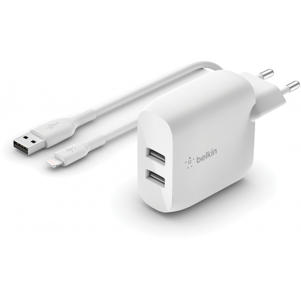 Incarcator Retea Cu Cablu USB-C Belkin BoostCharge Dual, 24W, 2.4A, 2 x USB-A, Alb WCE001vf1MWH