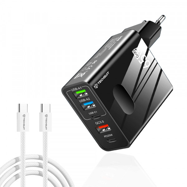 Incarcator Retea Cu Cablu USB-C Techsuit CHC1 PentaXPower, 25W, 3A, 3 x USB-A - 2 x USB-C, Negru