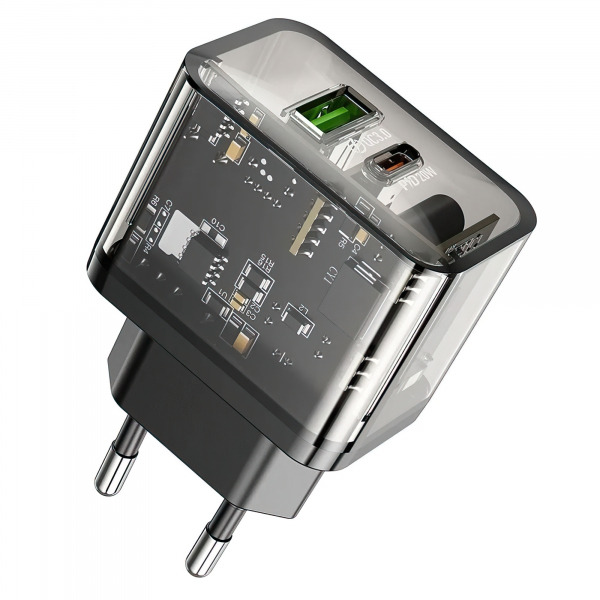 Incarcator Retea HOCO N34, 20W, 3A, 1 x USB-A - 1 x USB-C, Transparent
