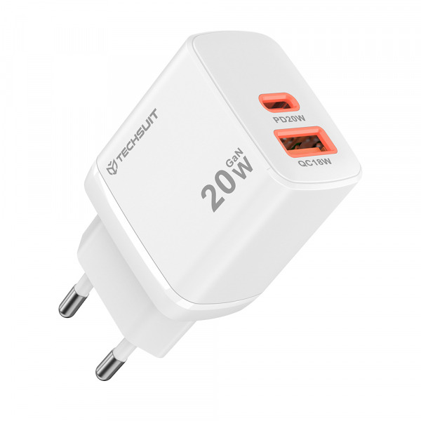 Incarcator Retea Techsuit CH2 Duonix, 20W, 3A, 1 x USB-A - 1 x USB-C, Alb