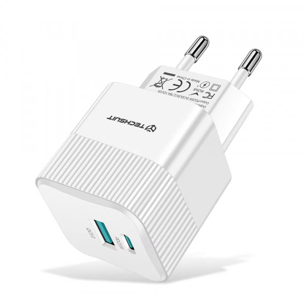 Incarcator Retea Techsuit CHPD216 Tiny, 25W, 3A, 1 x USB-A - 1 x USB-C, Alb